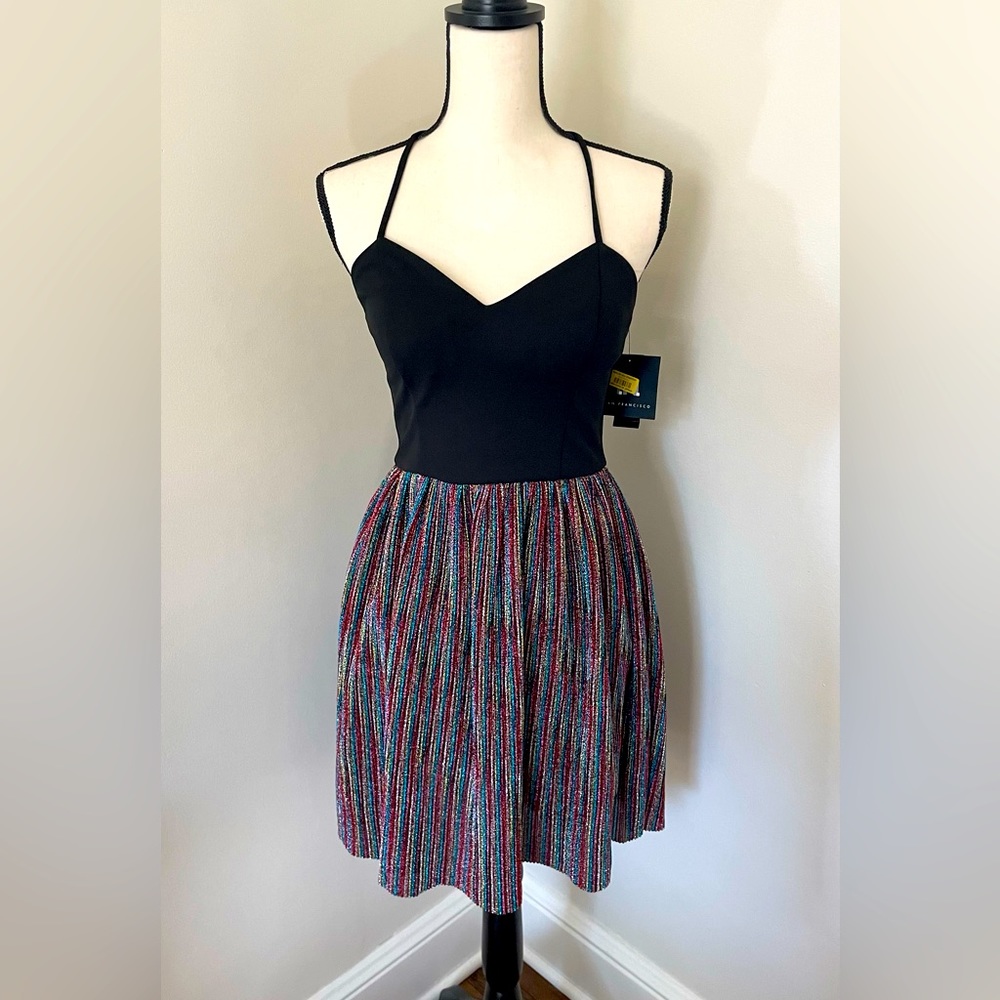NWT IN San Francisco Sparkly Party Dress Crossback Pleated Black‎ Rainbow Size S